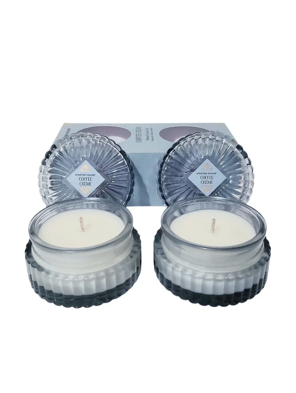 ALDI Kirkton House Ribbed Blue Glass Candle 2 Pack Coffee Creme Scent 2.47oz New